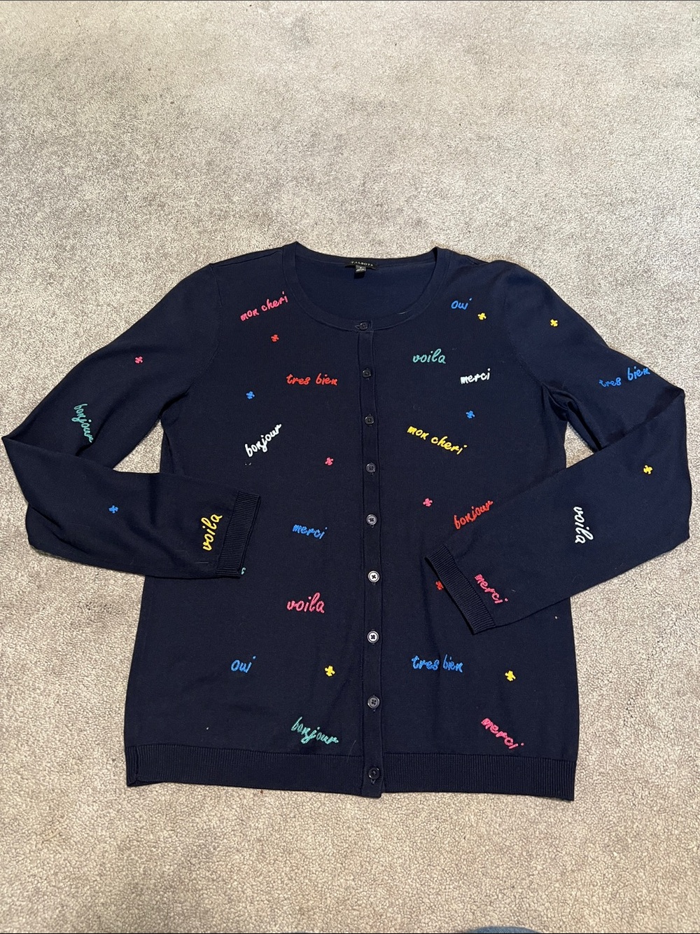 Talbots Cardigan with Embroidered French Words size small